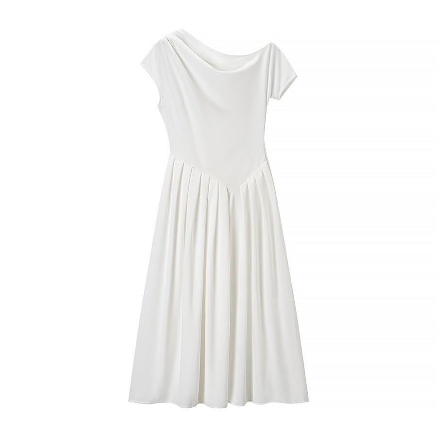Midi dress for women with elegant pleated skirt and raw edge neckline Lune London