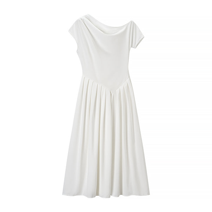 Midi dress for women with elegant pleated skirt and raw edge neckline Lune London
