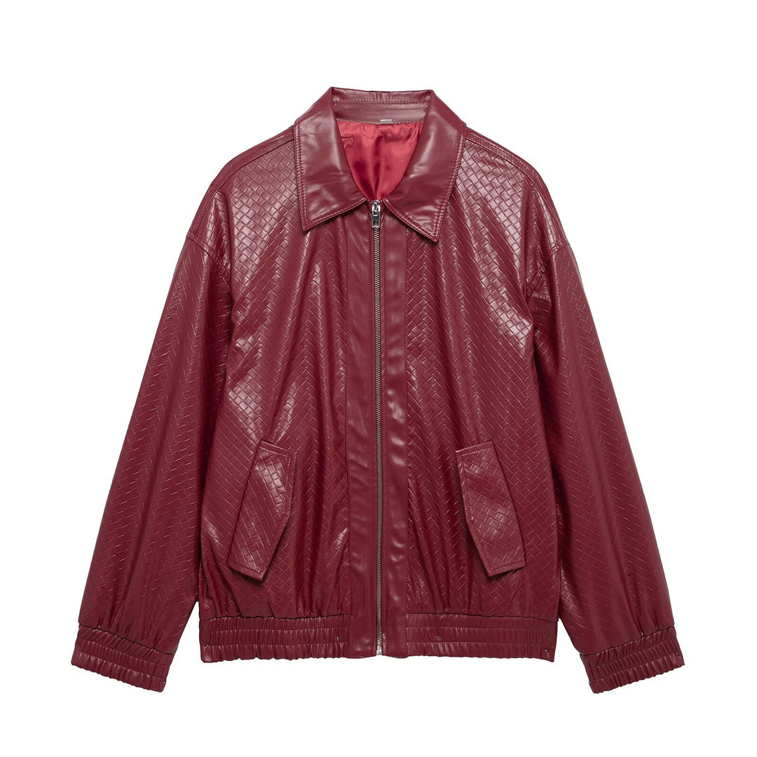 Fashionable women's faux leather jacket with textured design and elastic waist Lune London