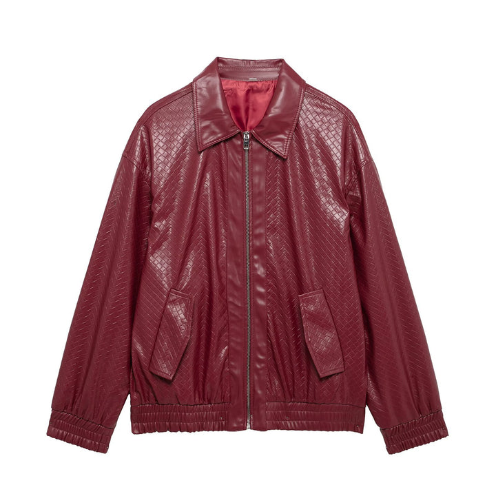 Fashionable women's faux leather jacket with textured design and elastic waist Lune London