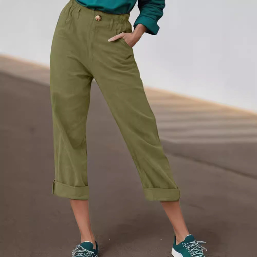 Elegant linen pants for women with wide legs and turned-up hem Lune London