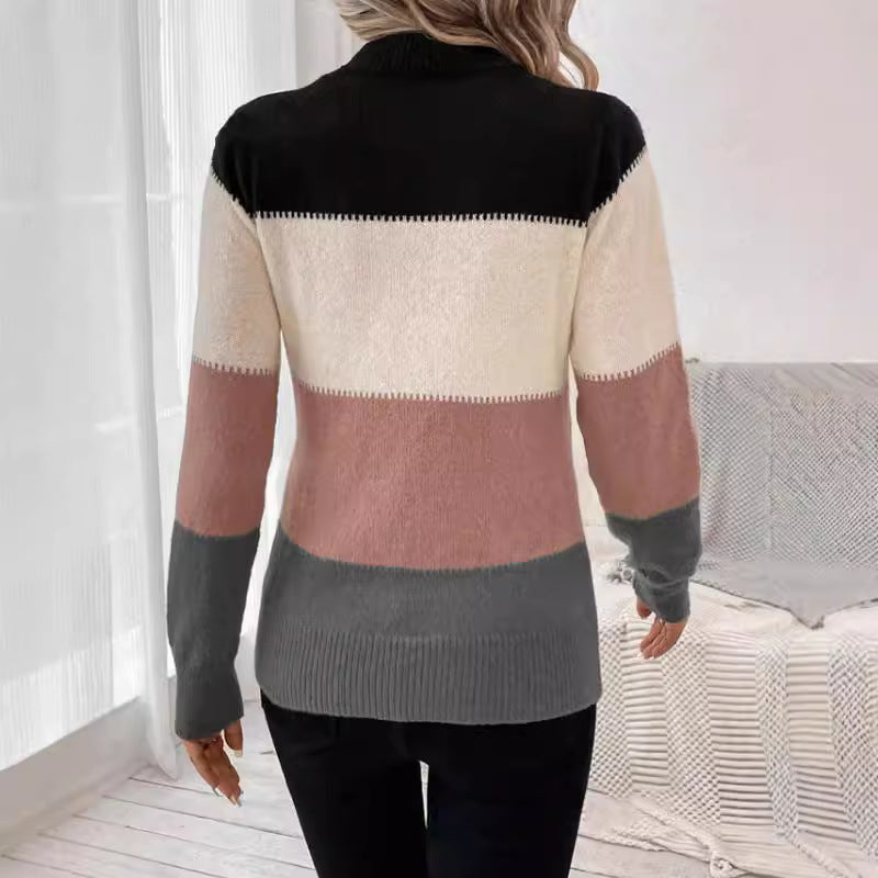 Lune London | Women's fashionable knitted sweater with trendy block stripes and standing collar