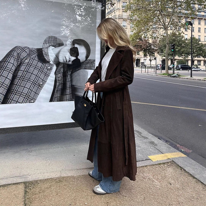 Elegant suede coat for ladies with waist belt Lune London