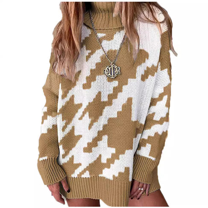 Thick knit sweater for women with a high collar and modern geometric pattern Lune London