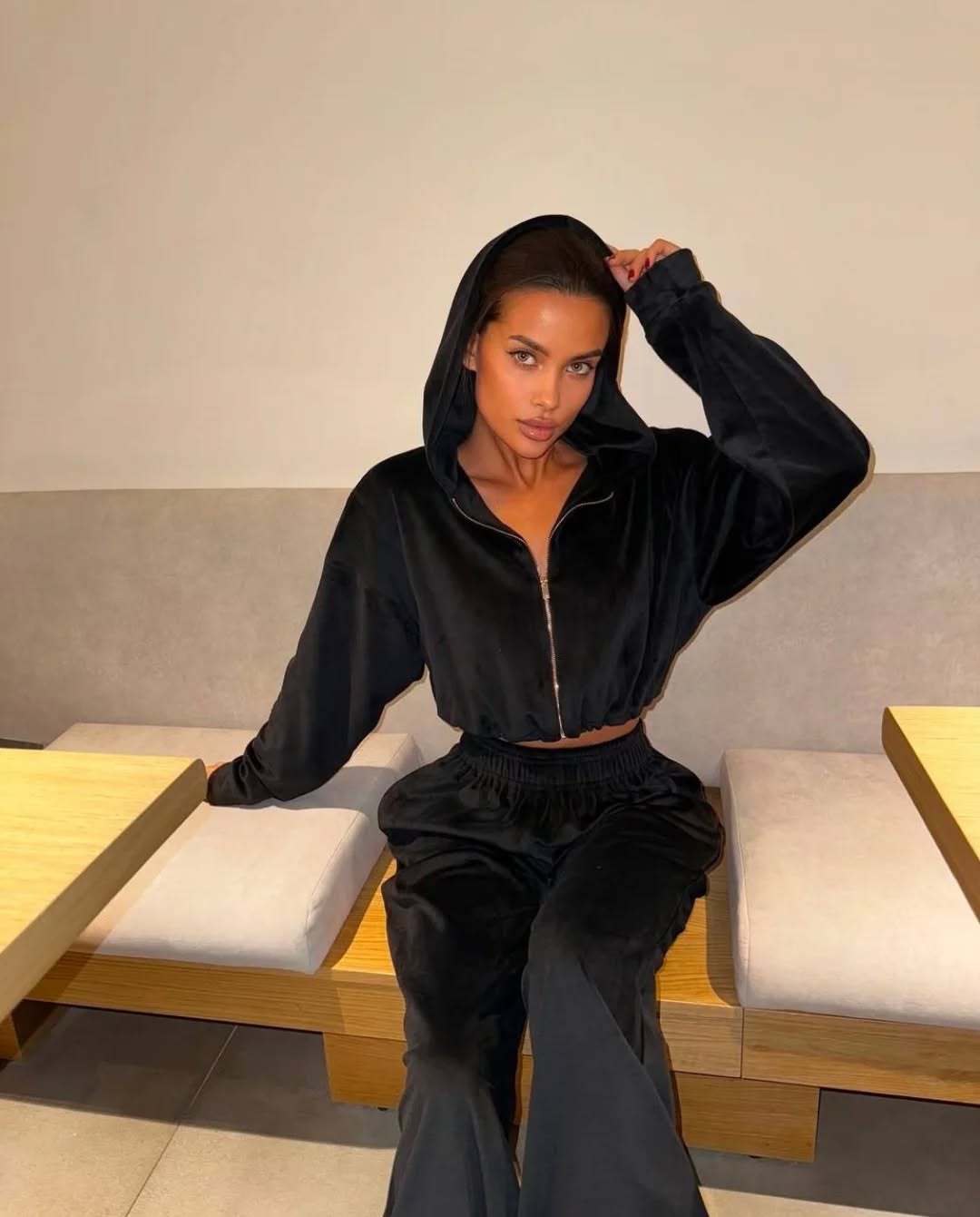 Ladies soft velvet hooded jumpsuit Lune London