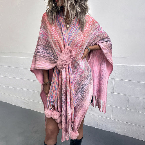 Ladies fashionable poncho with luxurious faux fur trim and creative fringes Lune London