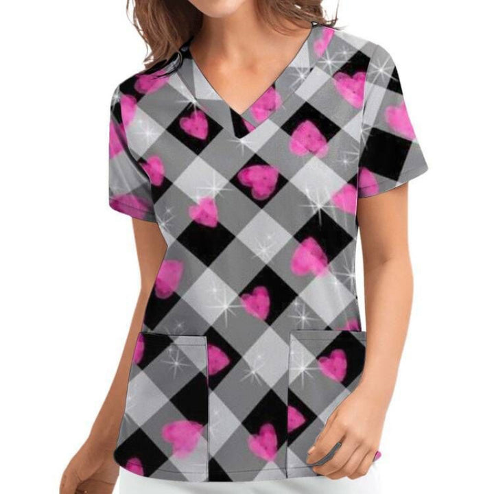 Women V Neck Heart Pattern Chic Medical Blouse and Style