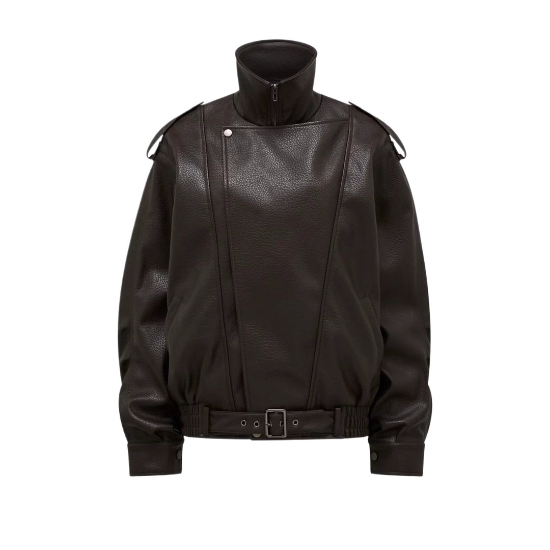 Casual faux leather biker jacket for women with practical pockets and elastic belt Lune London