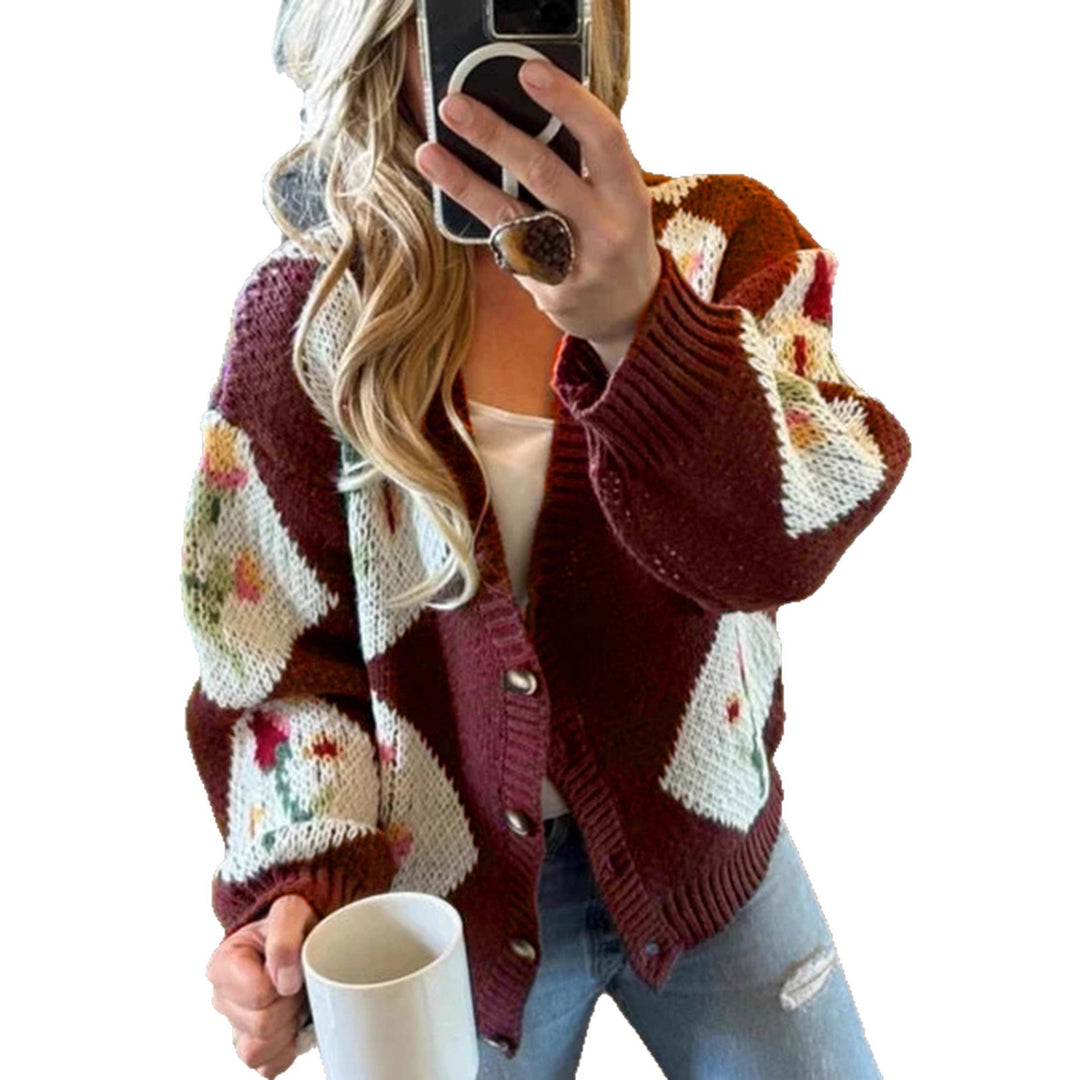 Women's knit jacket with floral pattern and decorative button design Lune London