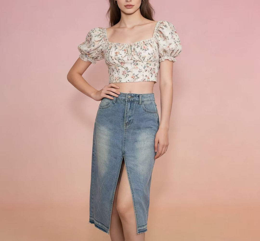 Women's Midi Denim Skirt with High Slit and Fringed Hem Lune London