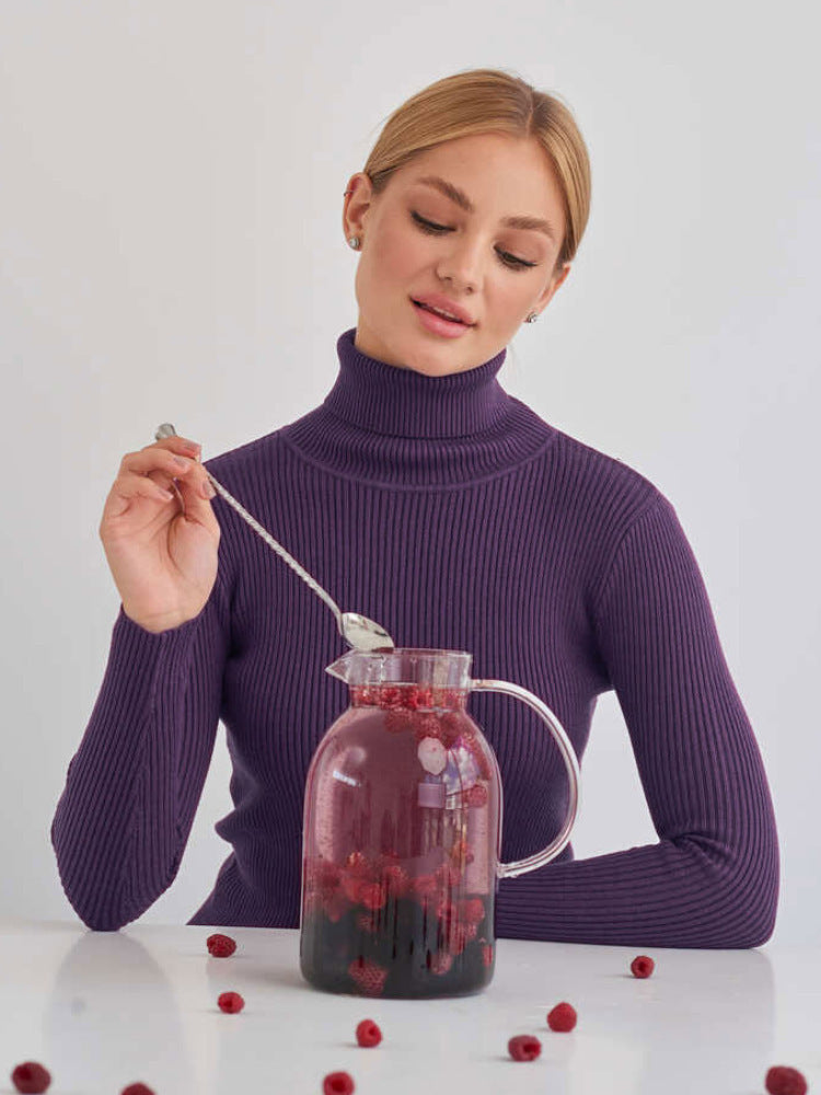 Pull long femme avec col haut et texture en fine côtes Chic & Stil