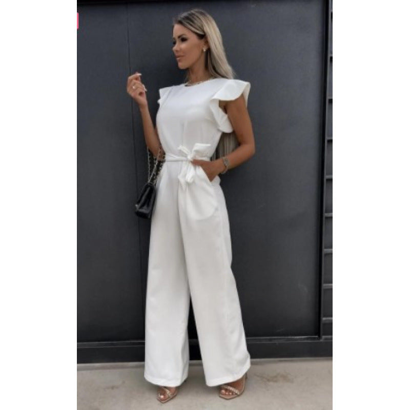 Women Fluid Wide Leg Jumpsuit with Ruffled Sleeves Lune London