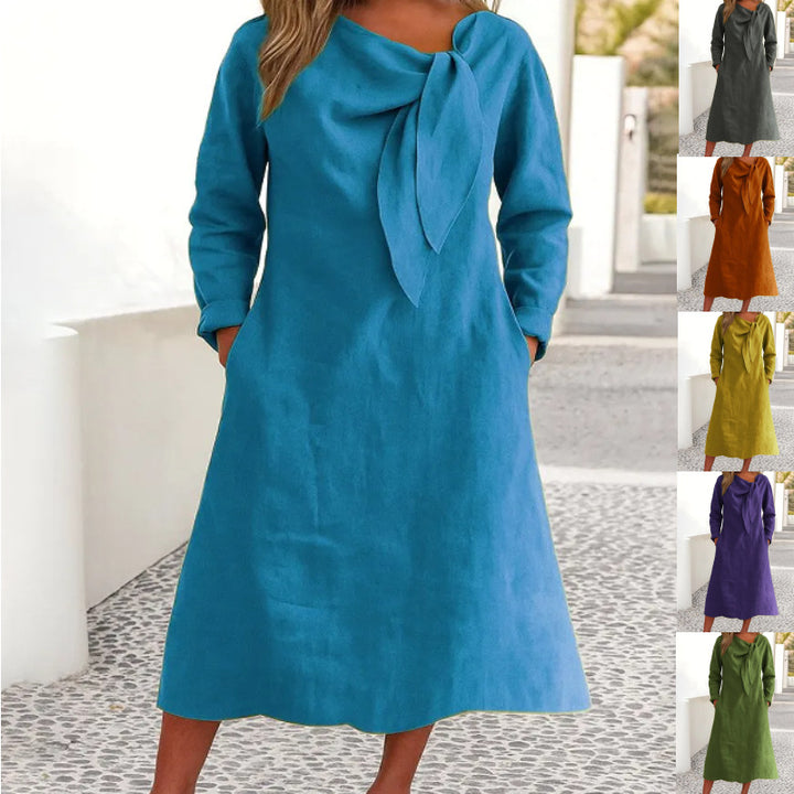 Elegant linen dress for women with asymmetric collar and shawl collar Lune London