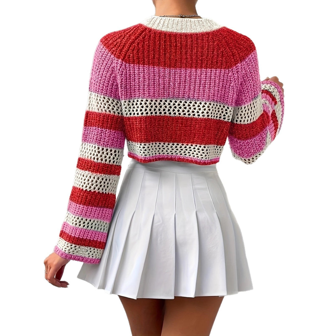 Knitted sweater for women with a playful hollow pattern and colorful stripes Lune London
