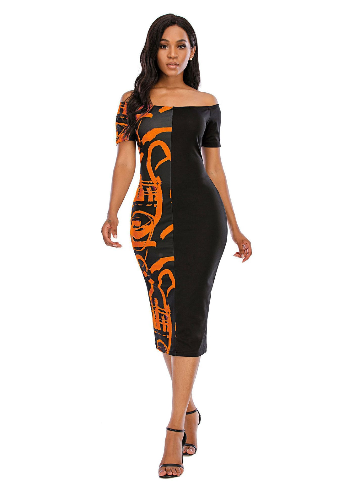 Women Elegant Midi Dress with Off-Shoulder Design, Graphic Print, and Fitted Silhouette Lune London