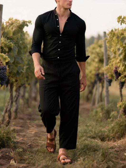 Men's Elegant Long Sleeve Shirt with Practical Button Placket and Casual Chic Pants