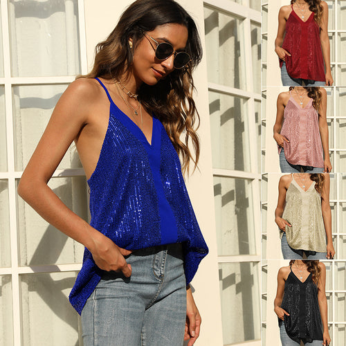 Sparkling sequined blouse for women with V neck Lune London