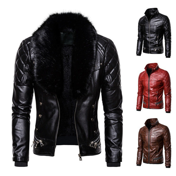 Men's synthetic leather jacket with removable fur collar and speckled surface structure Lune London