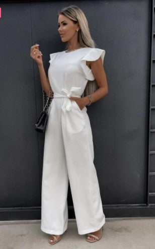 Ladies elegant jumpsuit with wide leg and ruffled sleeve Lune London