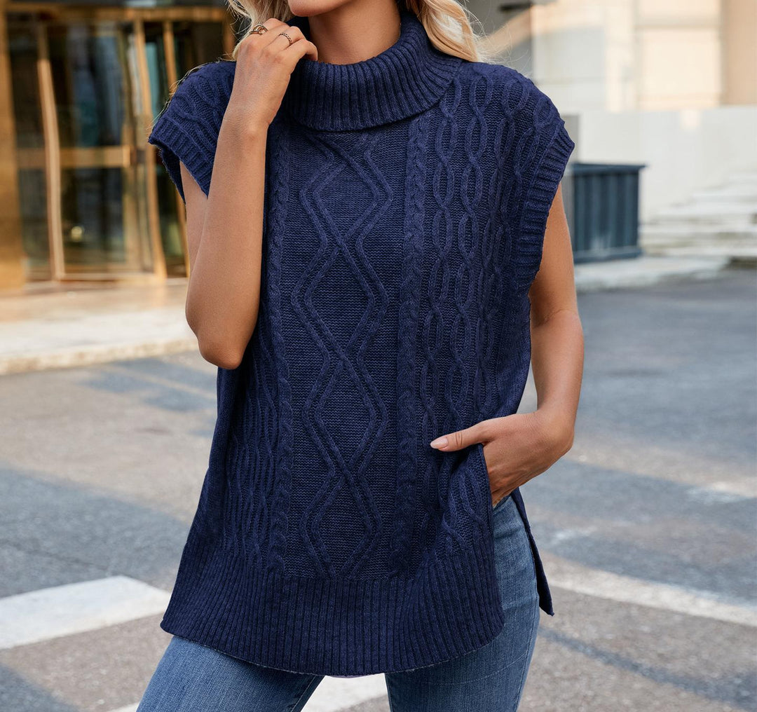 Ladies knit top with high collar and side slits Lune London