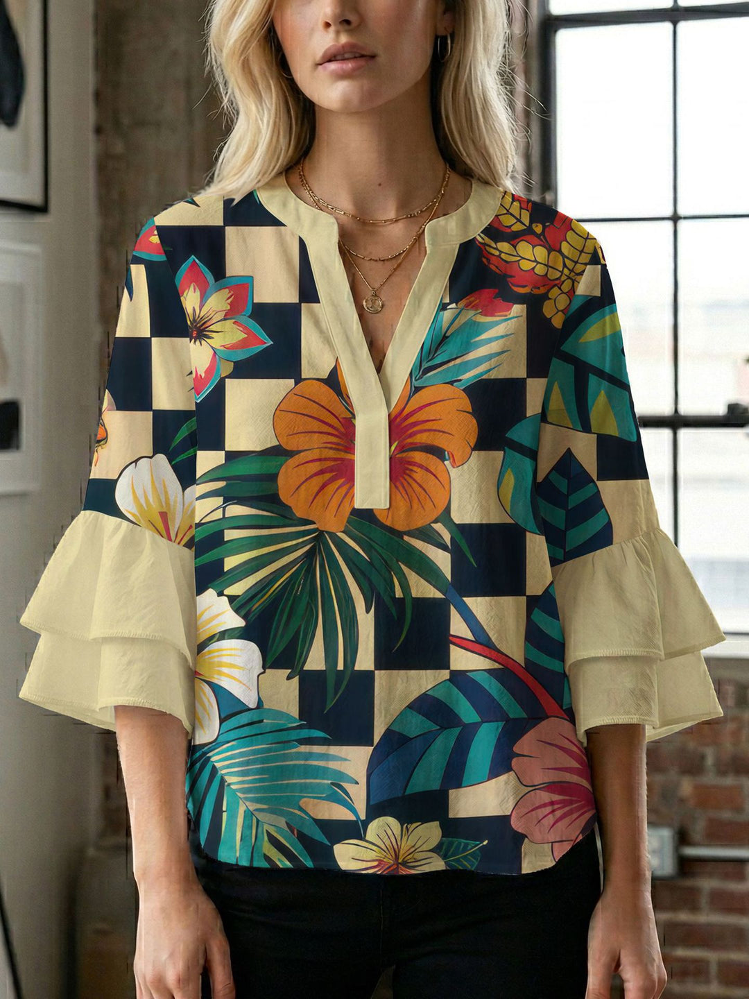 Women's blouse shirt with voluminous sleeves and creative print design Lune London