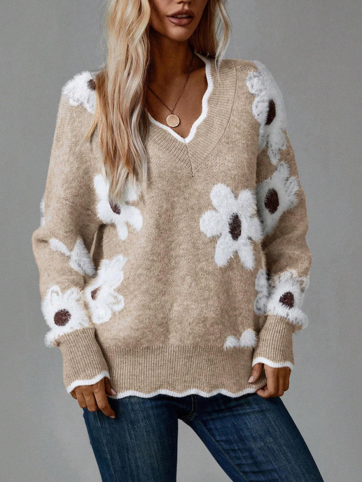 Knit sweater for women with floral design and V neck Lune London