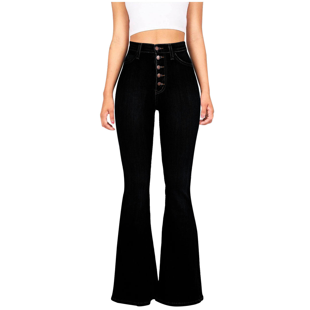 Women High-Waist Flared Jeans with decorative button details and elastic waistband Lune London