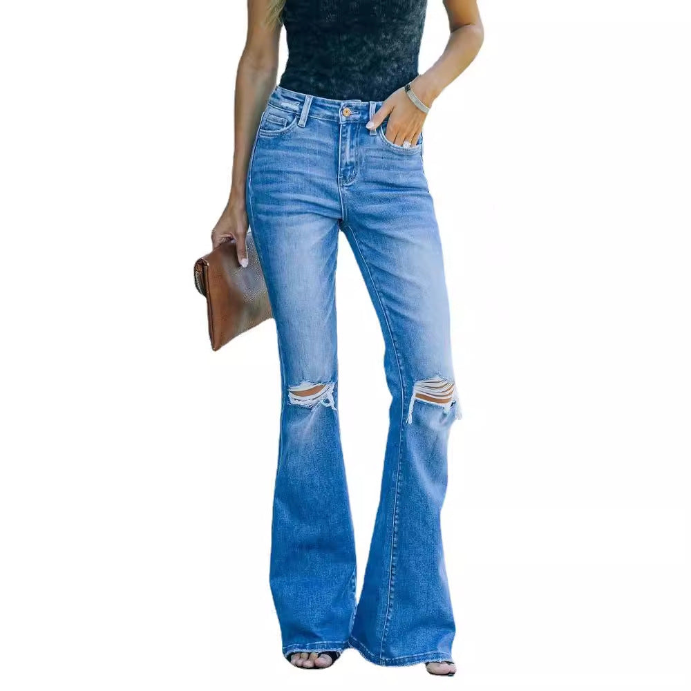 Women's Flared Jeans in Vintage Style with Fashionable Destroyed Effects