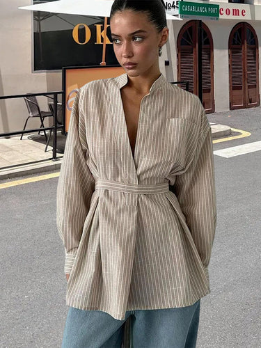 Women Modern Wrap Blouse Style with Belt and Vertical Stripes Lune London