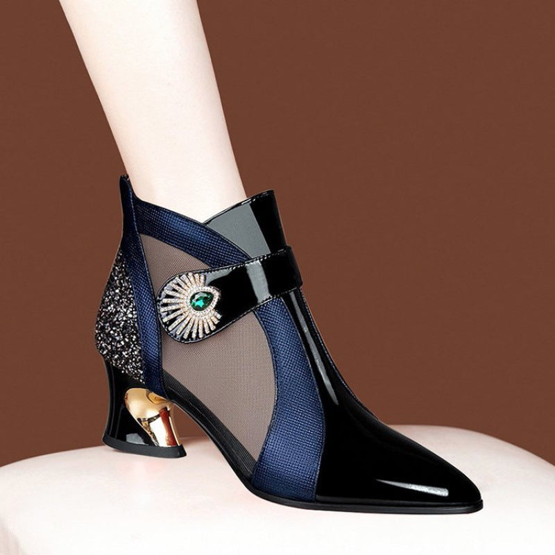 Women High-Heel Booties with Elegant Mesh Insert and Sparkling Jewelry Detail Lune London