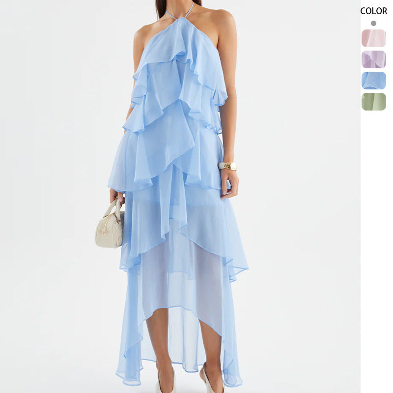 Chic & Stil Women's Airy Maxi Dress with Flowing Ruffles and Chic Halter Neck