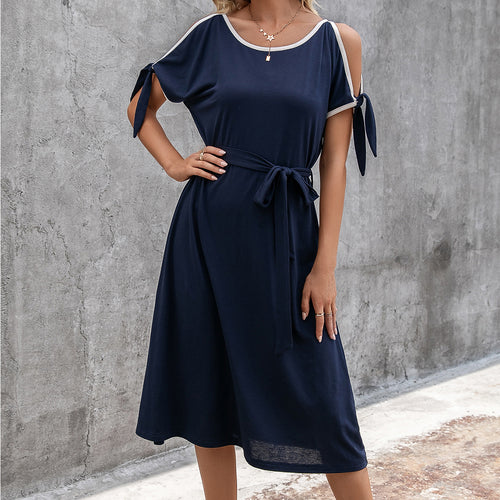 Midi dress woman with bold shoulder details and an adjustable belt Lune London