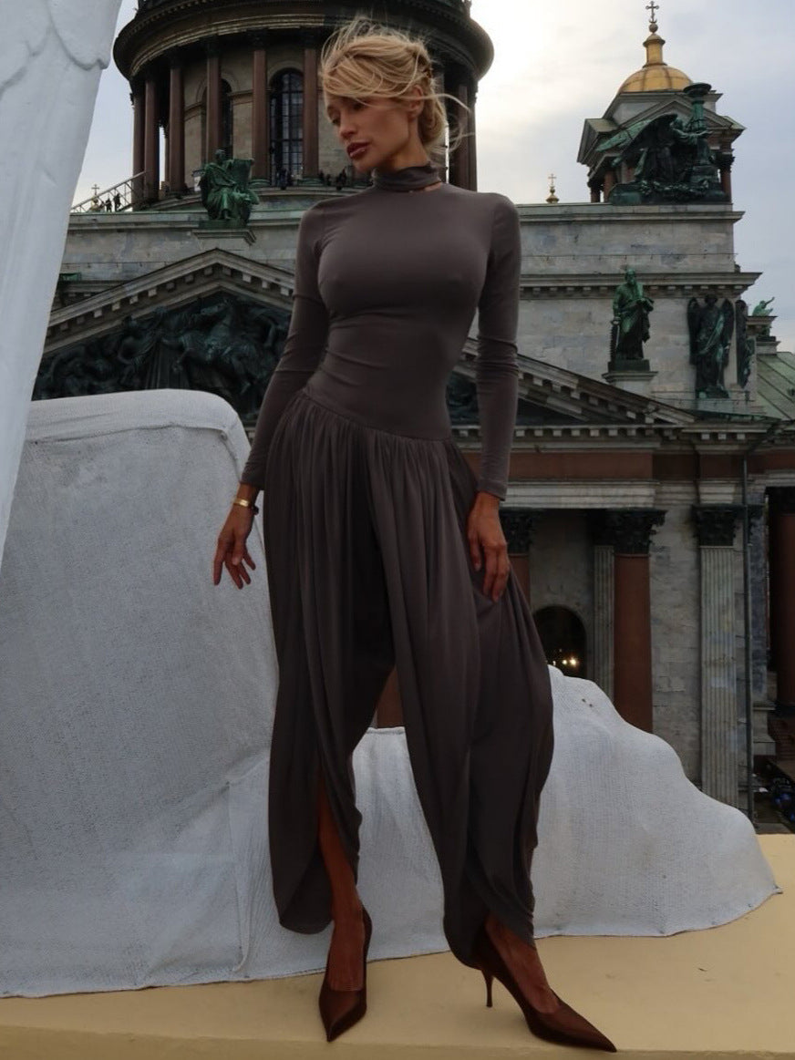 Ladies Elegant Long Dress with Long Sleeves, High Neck and Chic Slits und Style