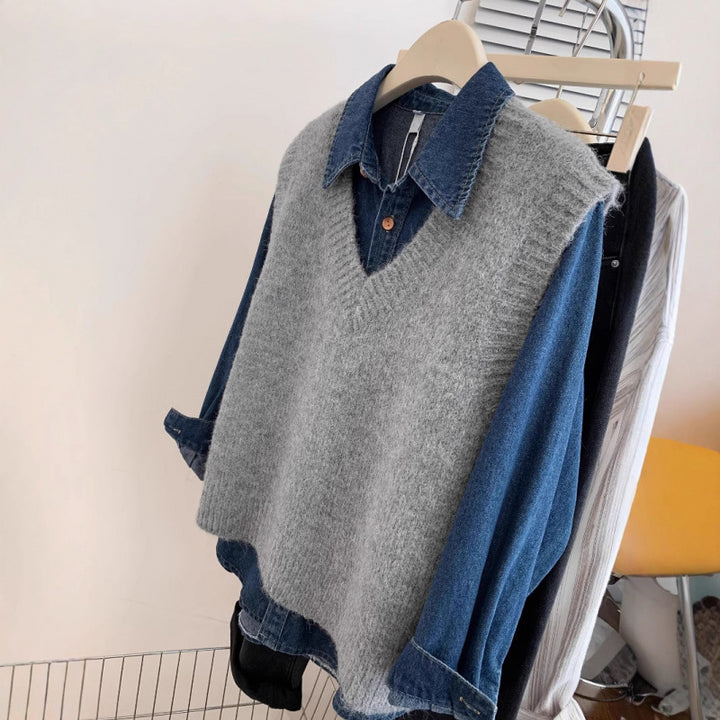 Pull en tricot à col en V stylé pour femmes avec superposition en denim décontractée