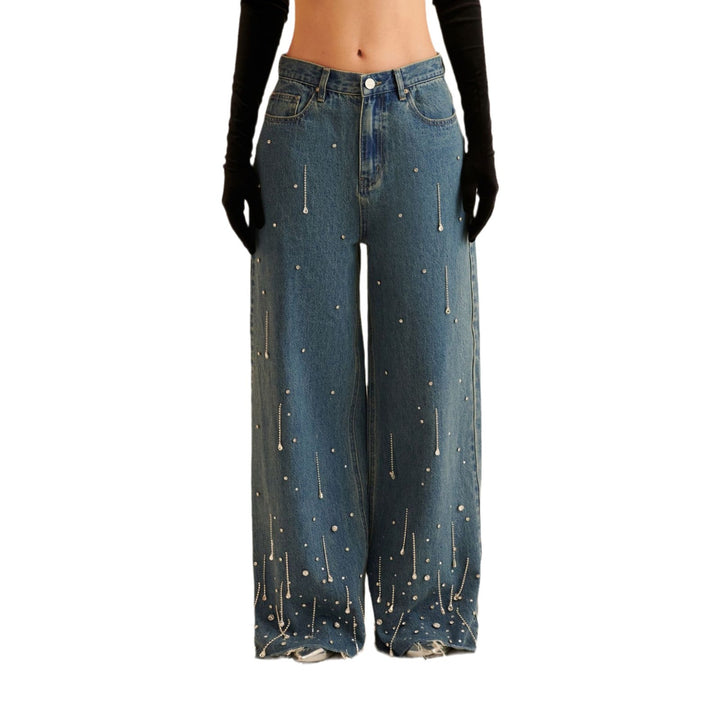 Ladies wide jeans with sparkling pearl accents and a chic casual design