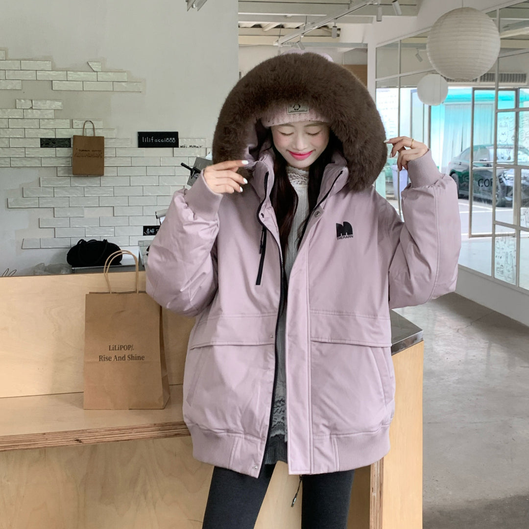 Ladies Oversized Winter Jacket with Removable Faux Fur Collar and Large Pockets Chic and Stylish