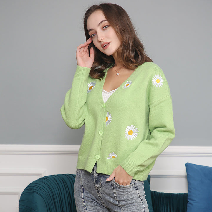 Knit jacket for women with floral pattern and V-neck Lune London