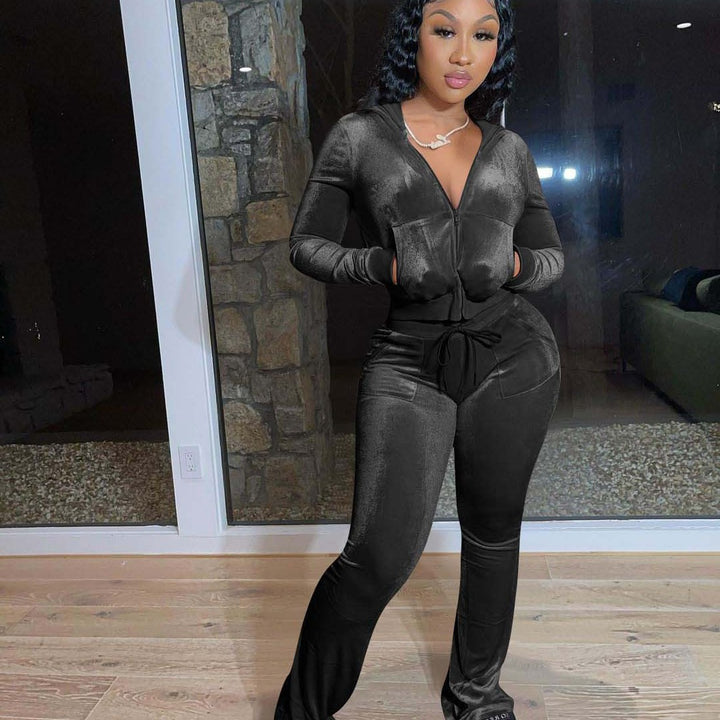 Ladies Sporty Velvet Jumpsuit with Hood and Chic Pockets