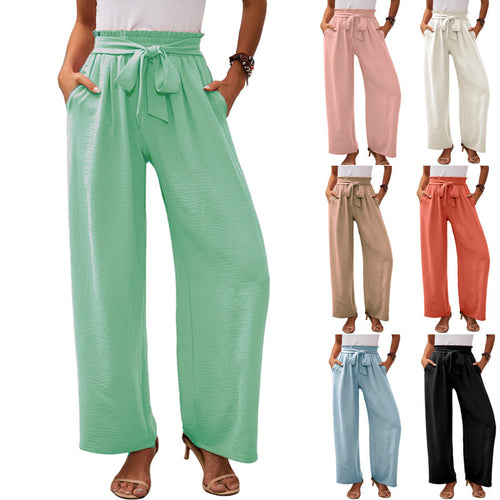 Wide palazzo pants for women with elastic waist and tie belt Lune London