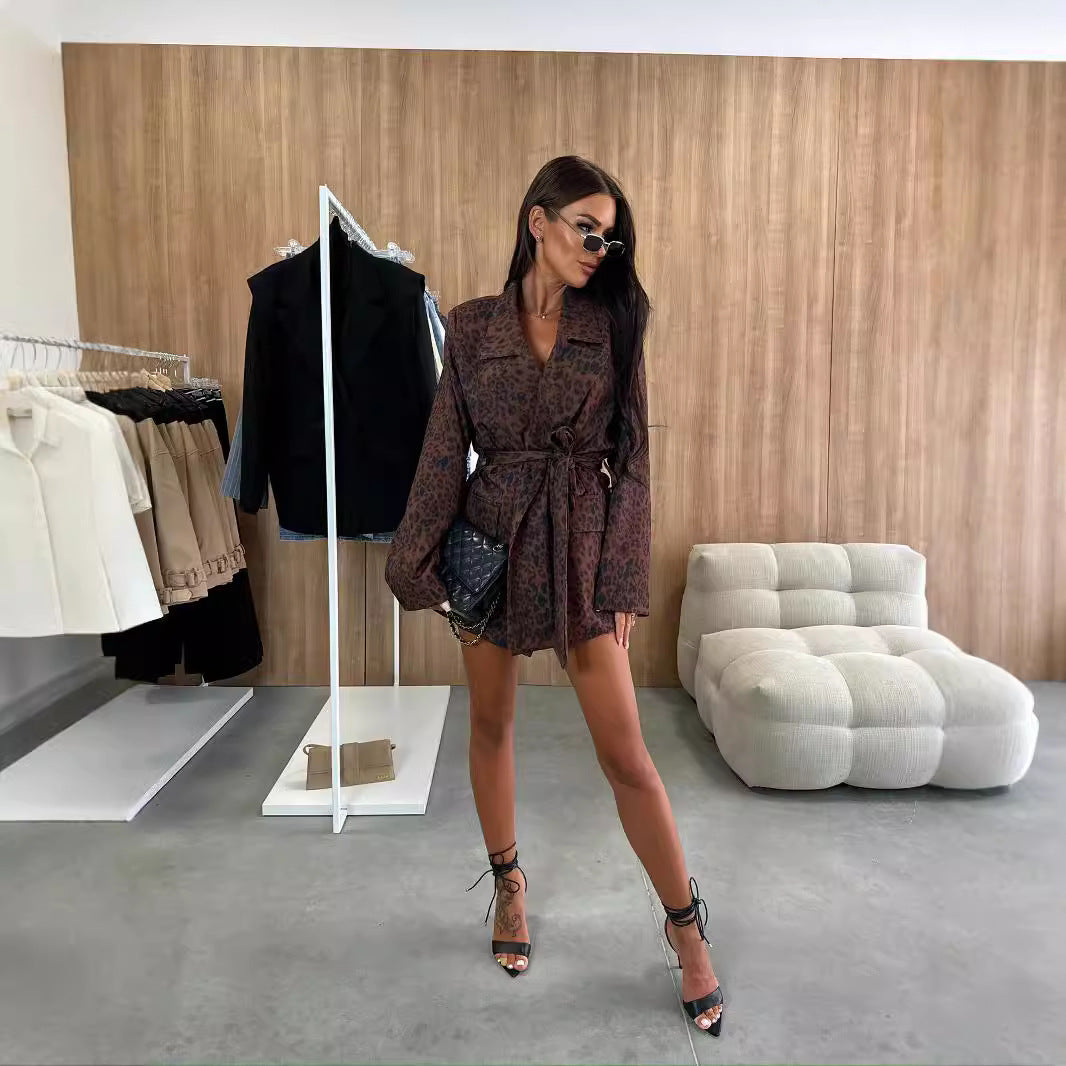 Ladies Elegant Leopard Print Jacket with Chic Belt and Style