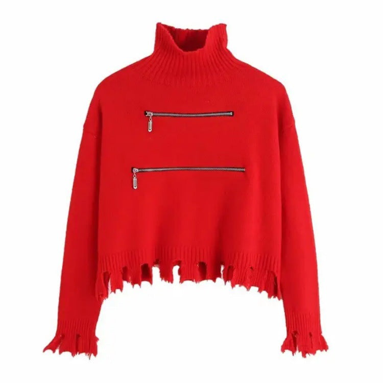 Women's Stylish Funnel Neck Sweater with Two Asymmetric Zip Pockets and Fringed Hem Lune London