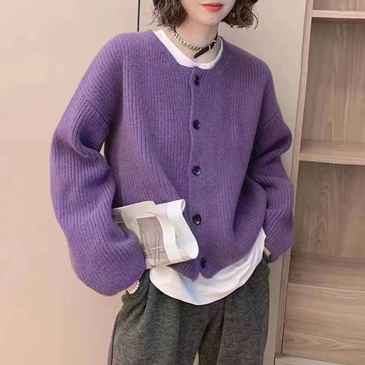 Casual knit jacket for women with open front buttons and balloon sleeves Lune London