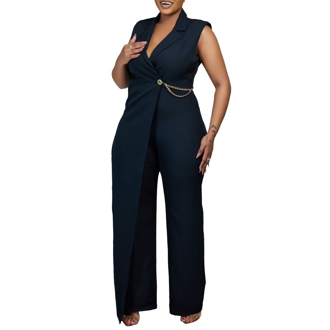 Ladies Elegant jumpsuit with stylish draping and glittery side accent Lune London
