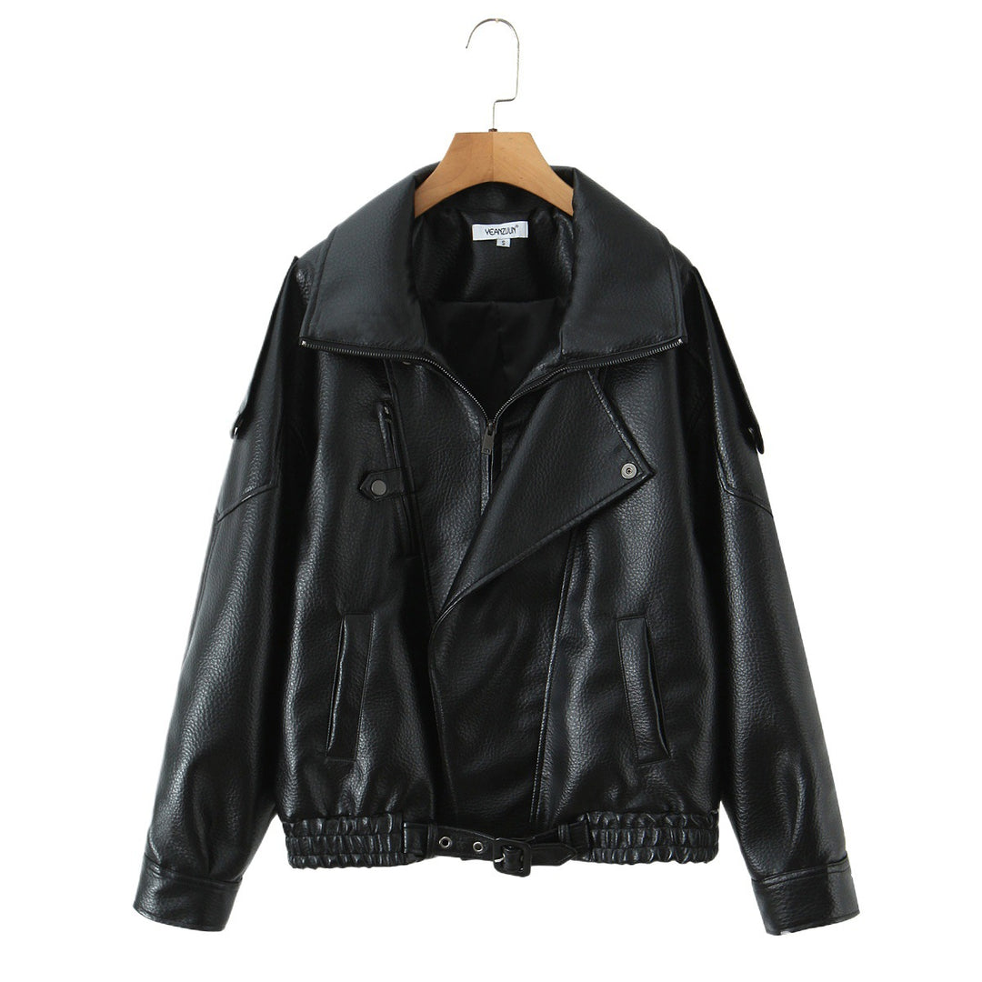 Fashionable women’s synthetic leather jacket with erotic lapels and elastic hem Lune London