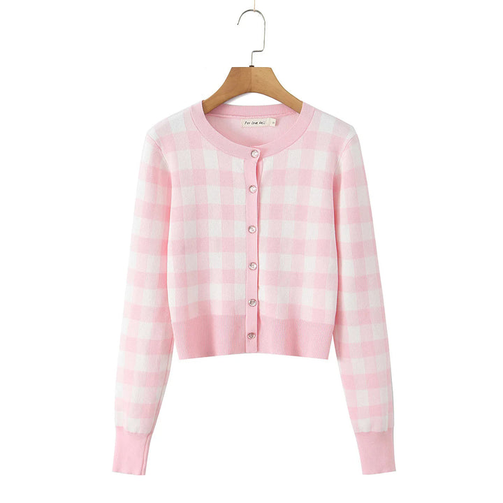 Ladies checked fashion cardigan with round collar and button closure Lune London