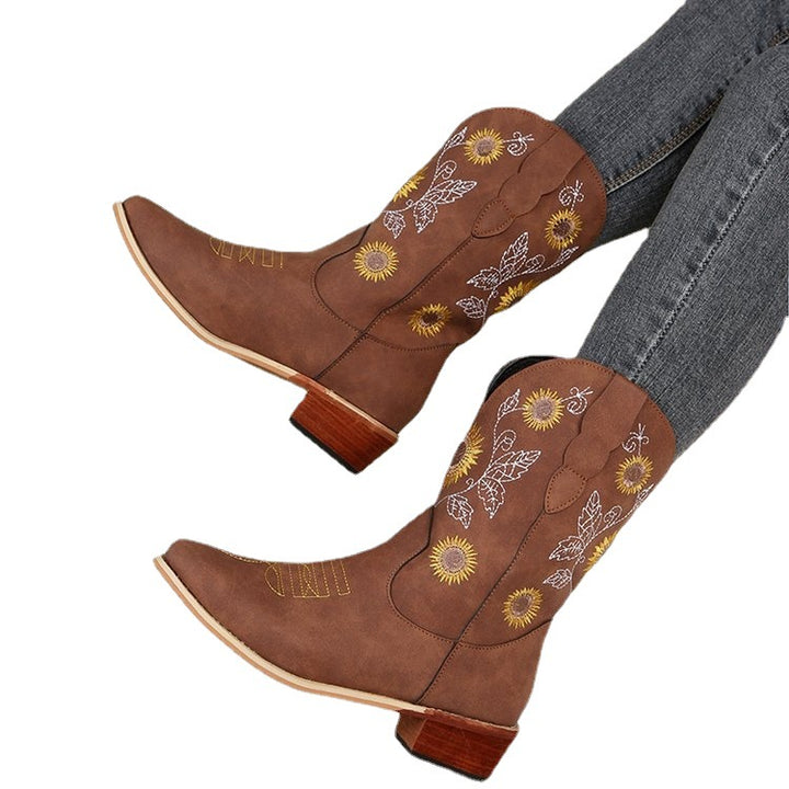 Women's cowboy boots with embroidered floral design and sturdy block heel Lune London