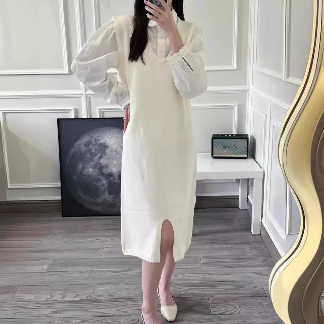 Knee-length knit dress for women with button placket and V-neck Lune London