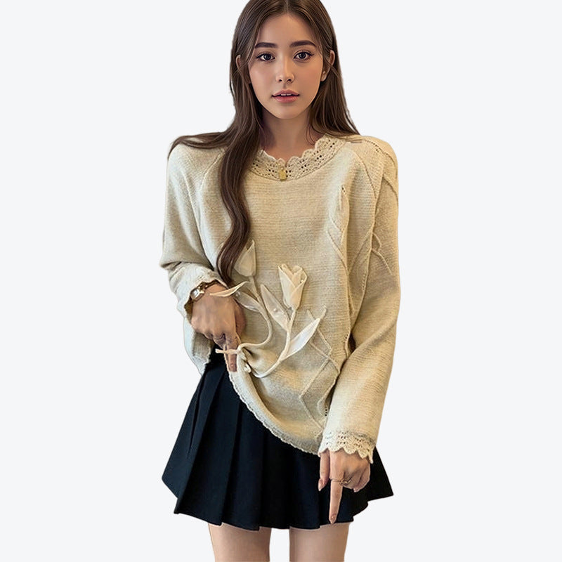 Ladies elegant knit sweater with floral appliqués Lune London