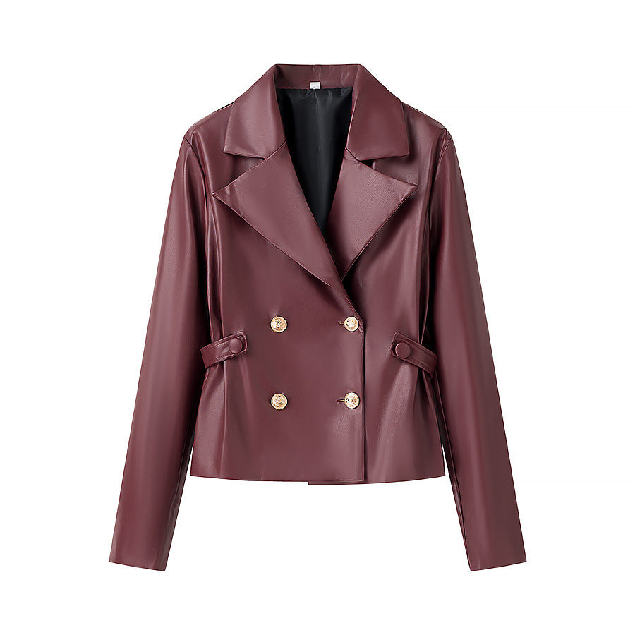 Chic and stylish women's synthetic leather blazer and skirt set