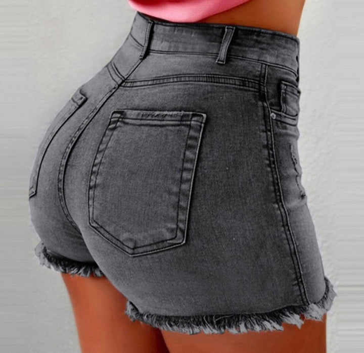 Women high-waisted denim shorts with frayed hem Lune London